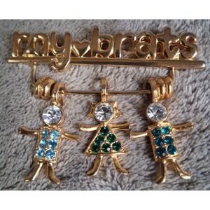 Vintage K.I.S. USA My Brats Gold Tone Rhinestone 3 Child Charm Brooch Pin